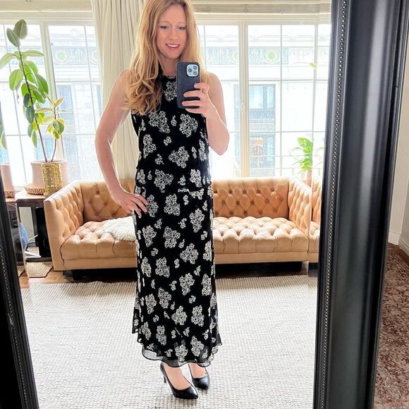 Chetta B. Black and Ivory Floral Maxi Dress Size 4 - Picture 1 of 15
